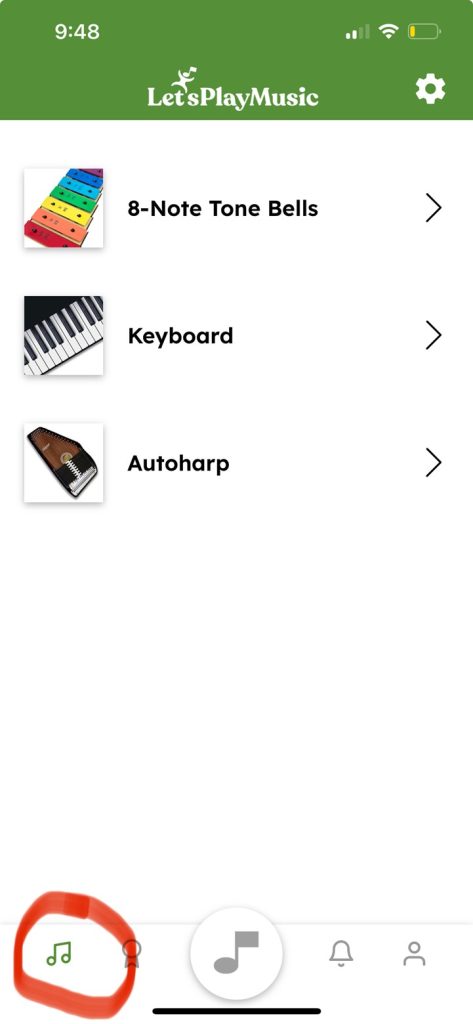 Let's Play Music app showing where to find the bells in the bottom left corner